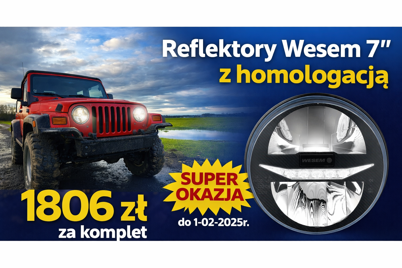 Reflektory led przednie Jeep JK Wesem 7" 2 sztuki Homologacja E20