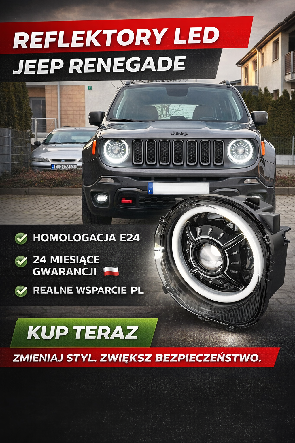 Reflektory led Jeep Renegade  z homologacją  E24  