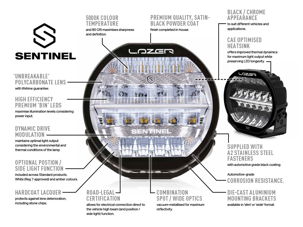 LAZER Sentinel 9'' Chrome ze światłami pozycyjnymi – okrągła lampa LED